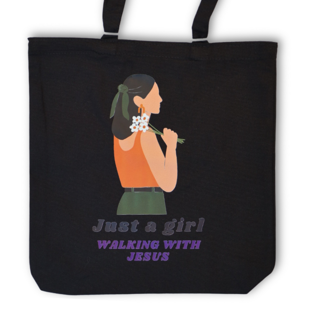 Walking with Jesus Black Christian Tote Bag