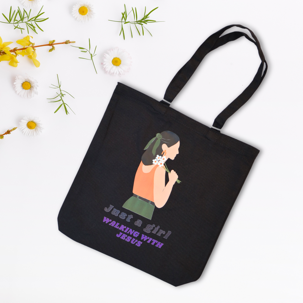 Walking with Jesus Black Christian Tote Bag