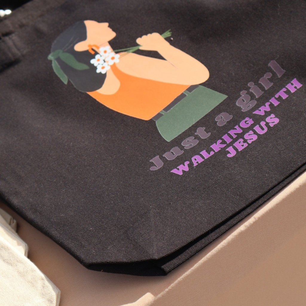 Walking with Jesus Black Christian Tote Bag